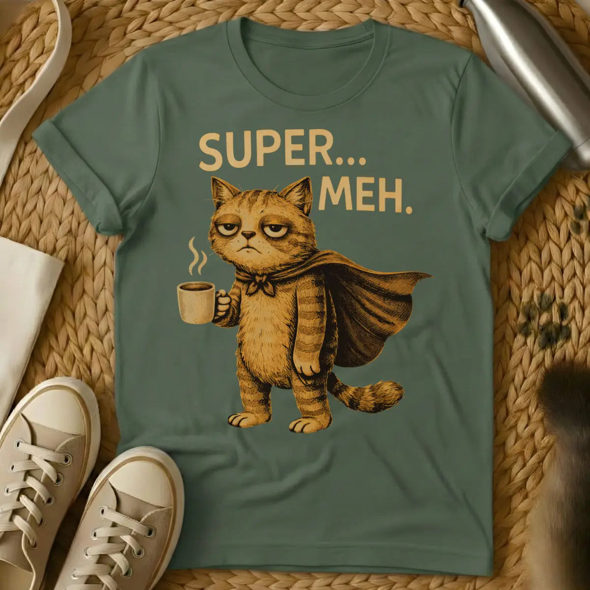 Super Meh Cat Shirt - Military Green Cat T-Shirt