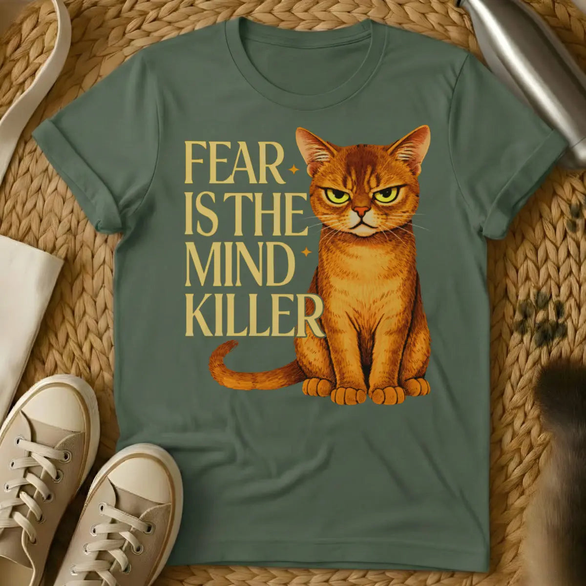 Litany Against Fear Cat Tee - Military Green Cat T-Shirt