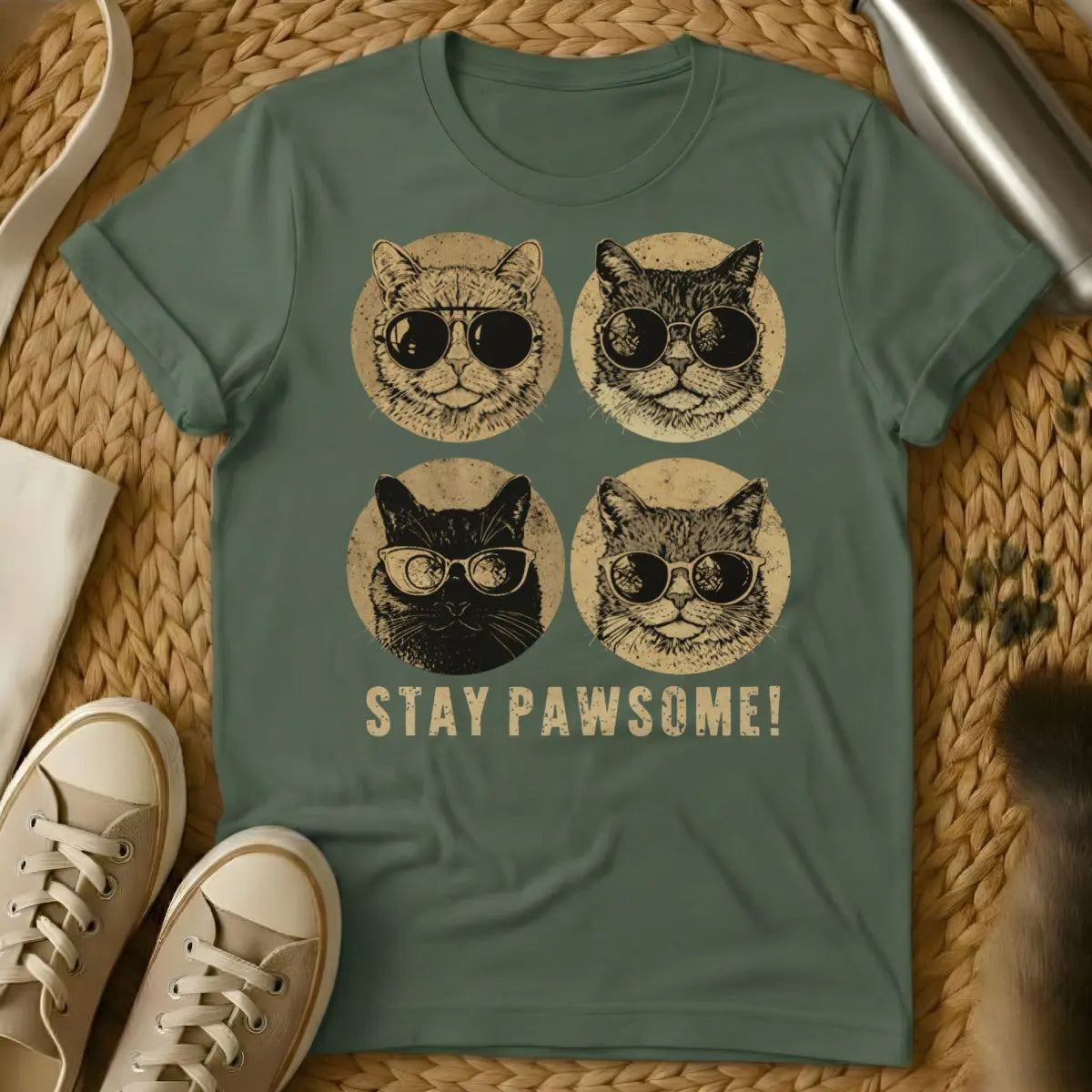 Stay Pawsome Cat Shirt - Military Green Cat T-Shirt