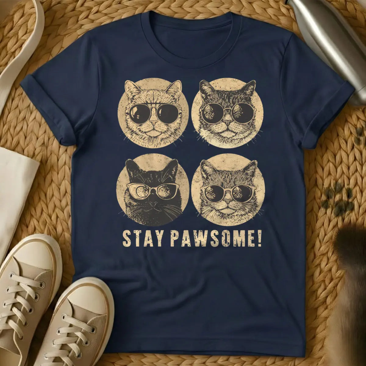 Stay Pawsome Cat Shirt - Navy Cat T-Shirt
