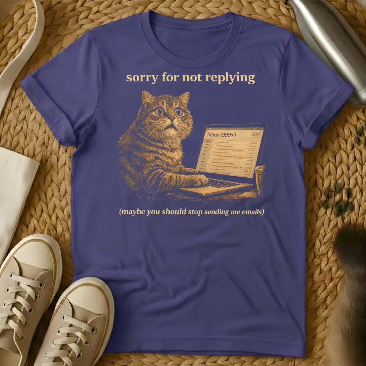 Funny Email Cat Shirt - Purple T-Shirt - email avoidance meme, introvert work humor, passive aggressive office