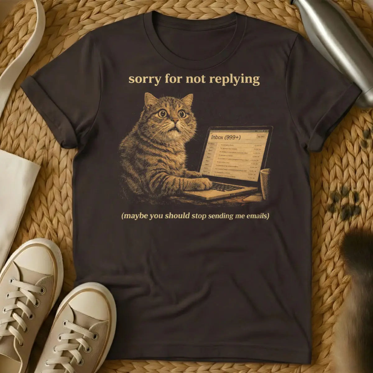 Funny Email Cat Shirt - Dark Chocolate T-Shirt - email avoidance meme, introvert work humor, passive aggressive office