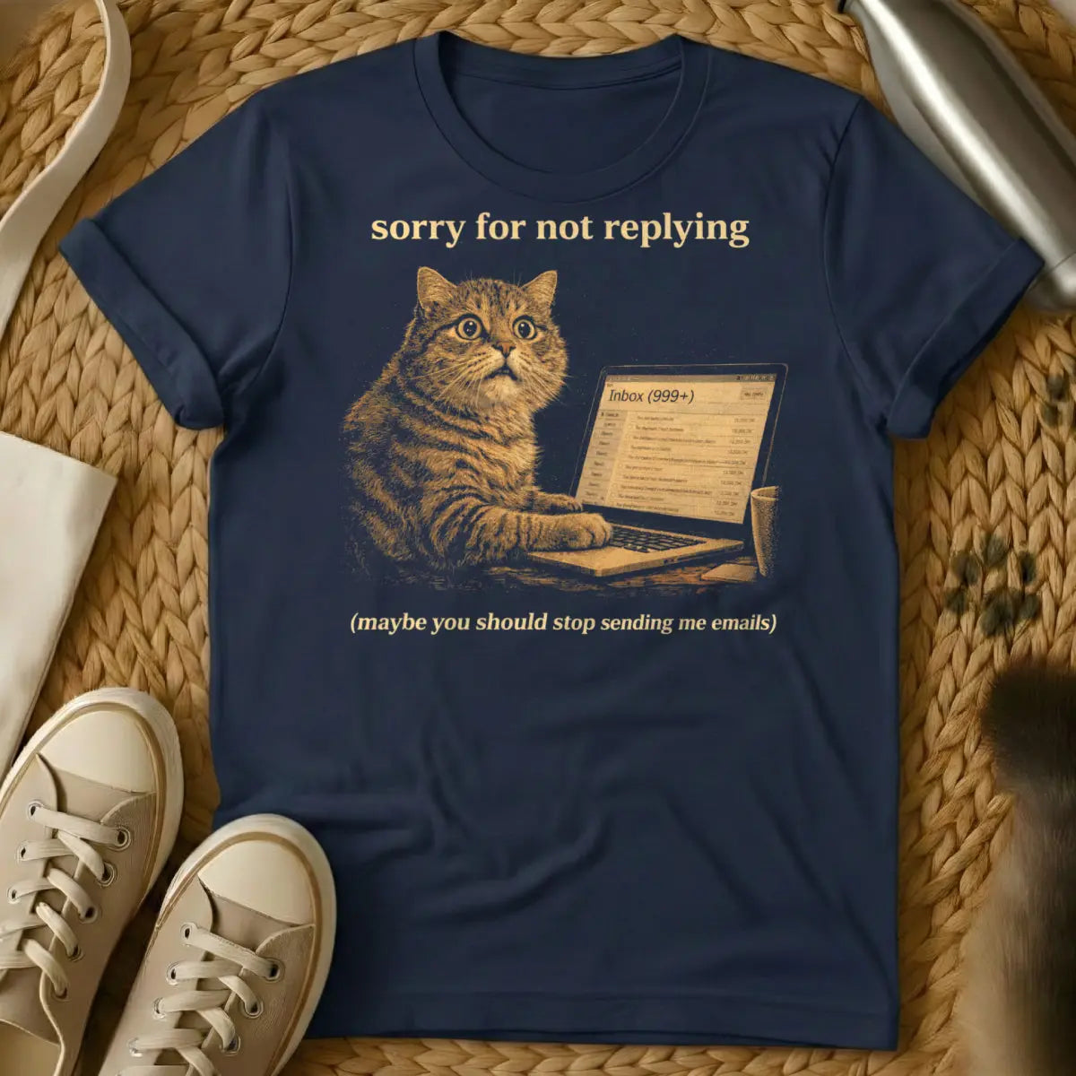 Funny Email Cat Shirt - Navy T-Shirt - email avoidance meme, introvert work humor, passive aggressive office
