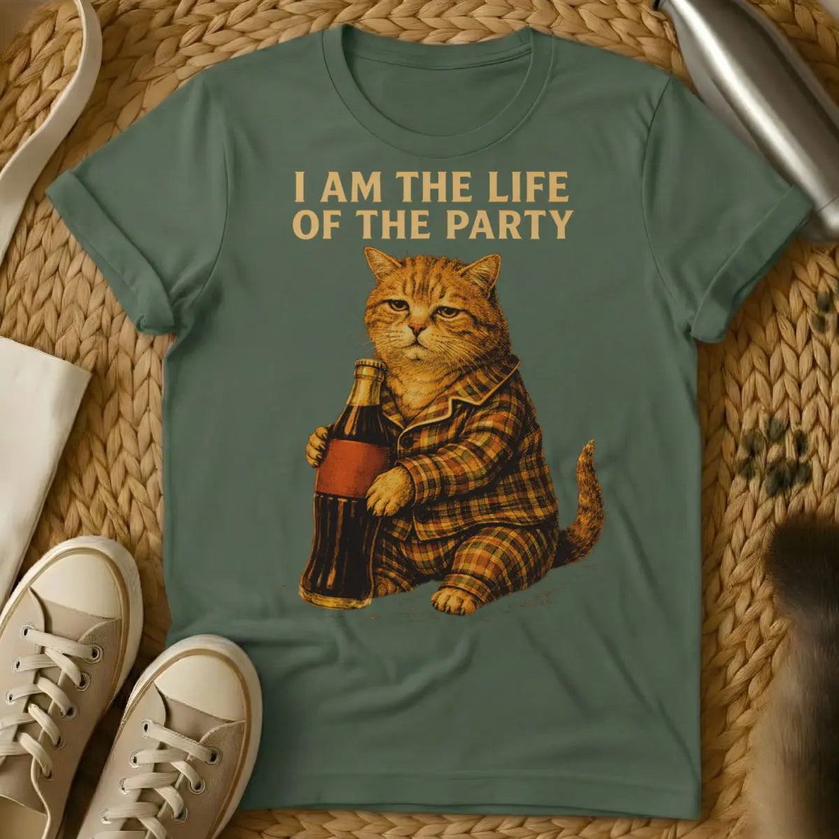 Funny Grumpy Cat Tee - Military Green T-Shirt - grumpy cat meme, iconic internet meme, relatable introvert humor