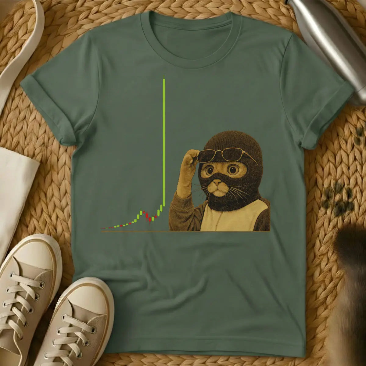 Crypto Cat Meme Shirt | - Military Green T-Shirt - crypto meme art, diamond paws, financial satire apparel