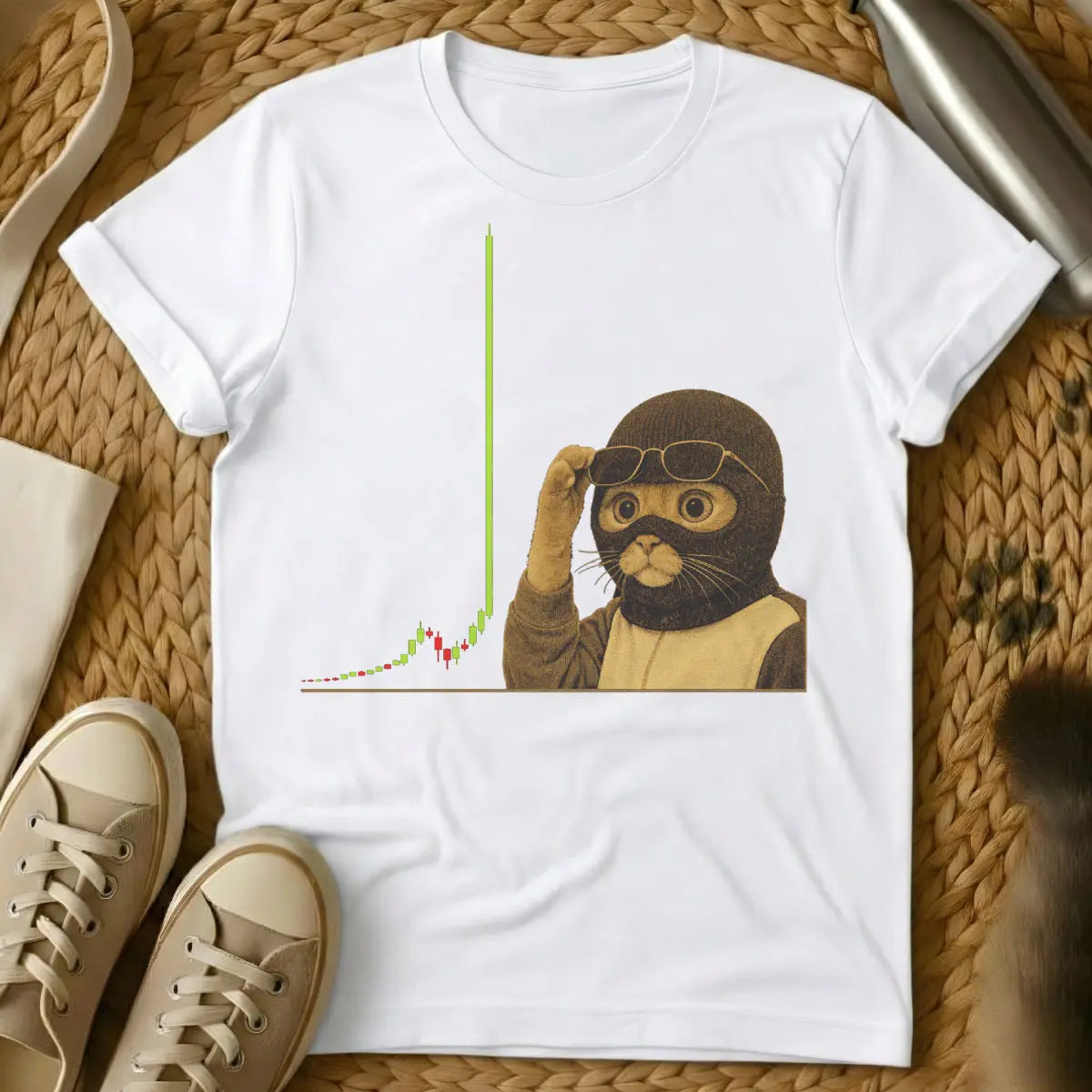 Crypto Cat Meme Shirt | - White T-Shirt - crypto meme art, diamond paws, financial satire apparel