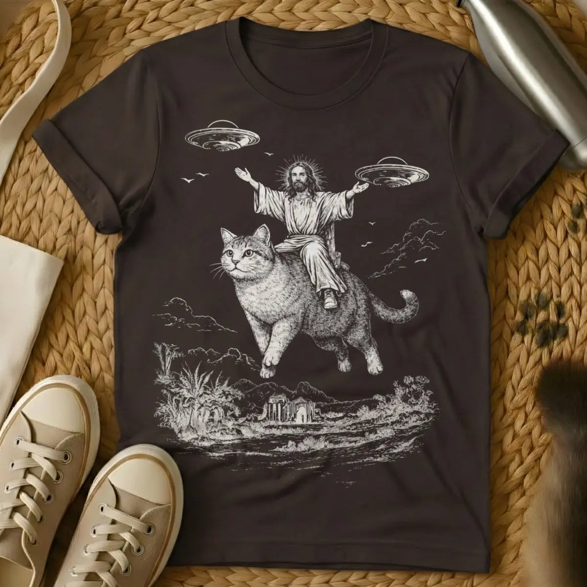 Jesus Riding Cat Shirt - Dark Chocolate Cat T-Shirt