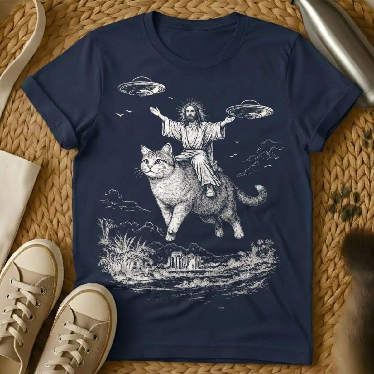 Jesus Riding Cat Shirt - Navy Cat T-Shirt