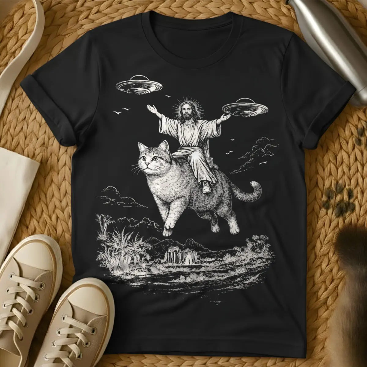 Jesus Riding Cat Shirt - Black Cat T-Shirt