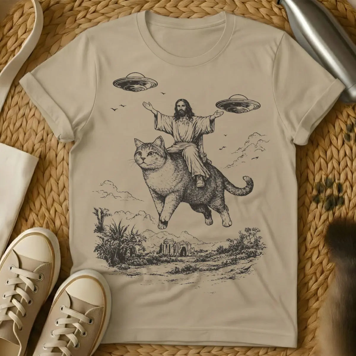Jesus Riding Cat Shirt - Sand Cat T-Shirt