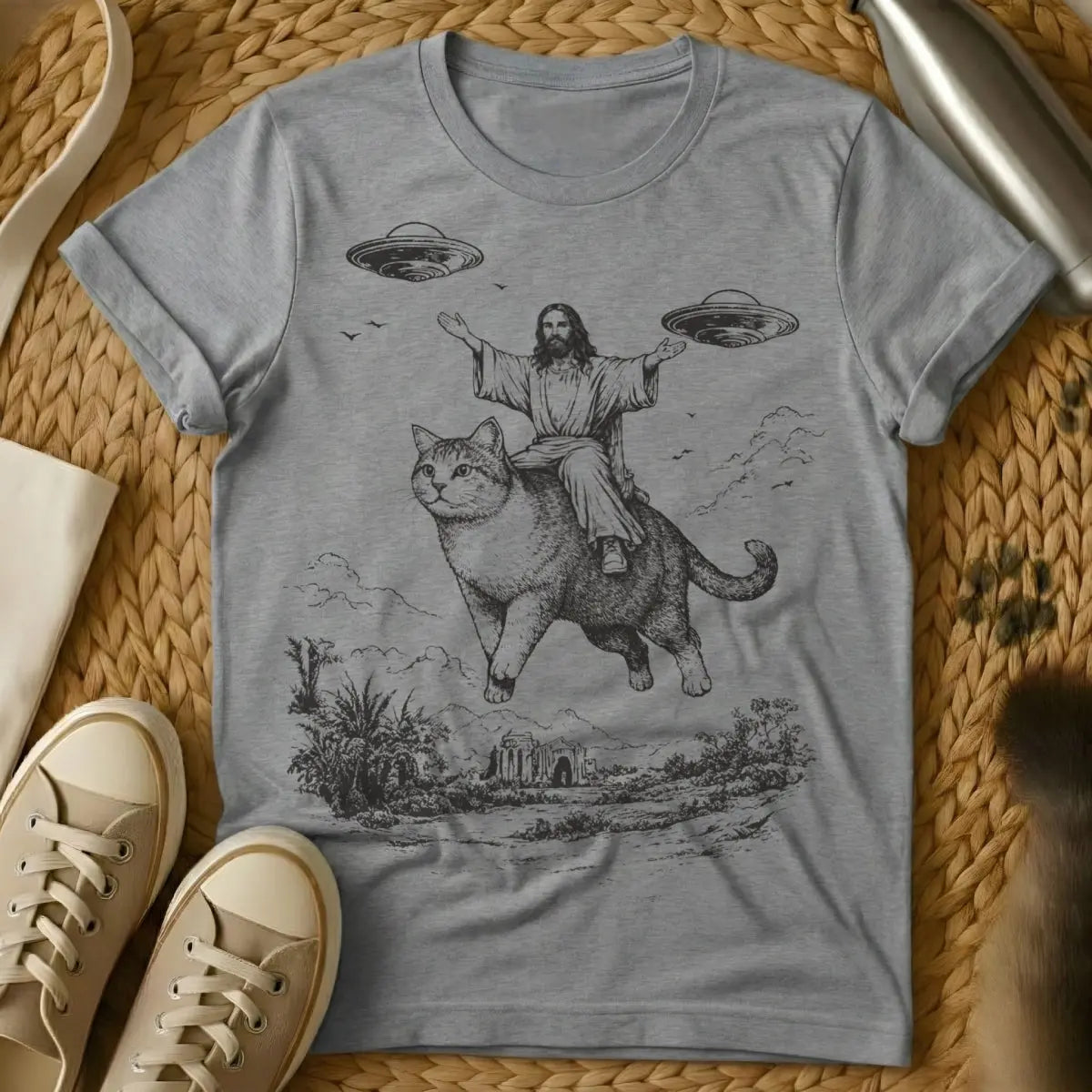 Jesus Riding Cat Shirt - Gray Cat T-Shirt