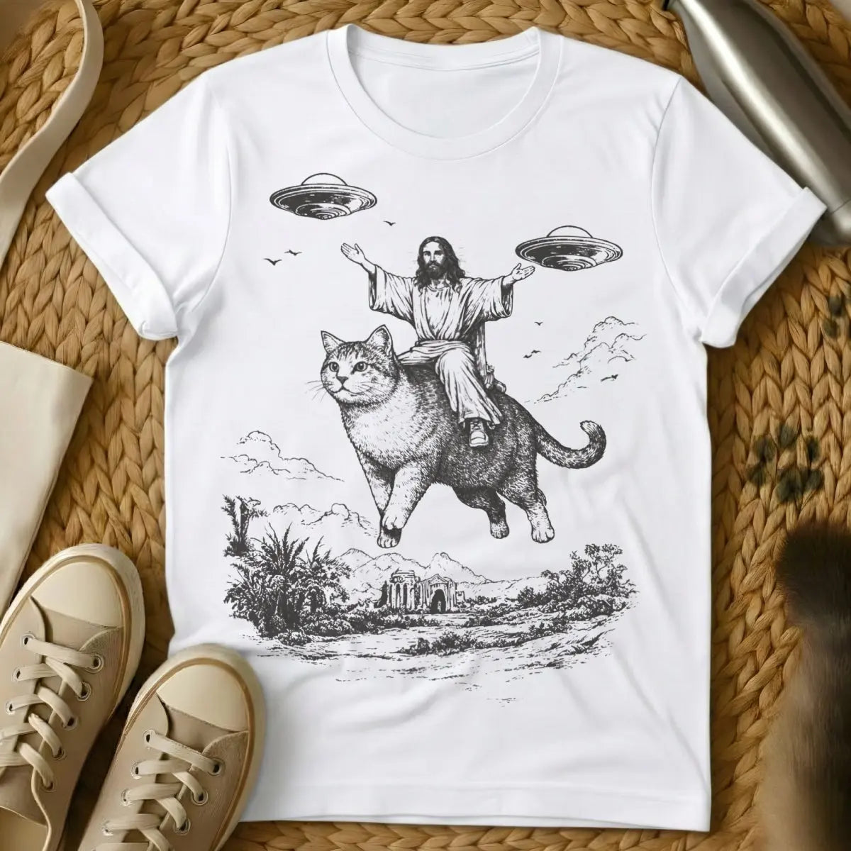 Jesus Riding Cat Shirt - White Cat T-Shirt