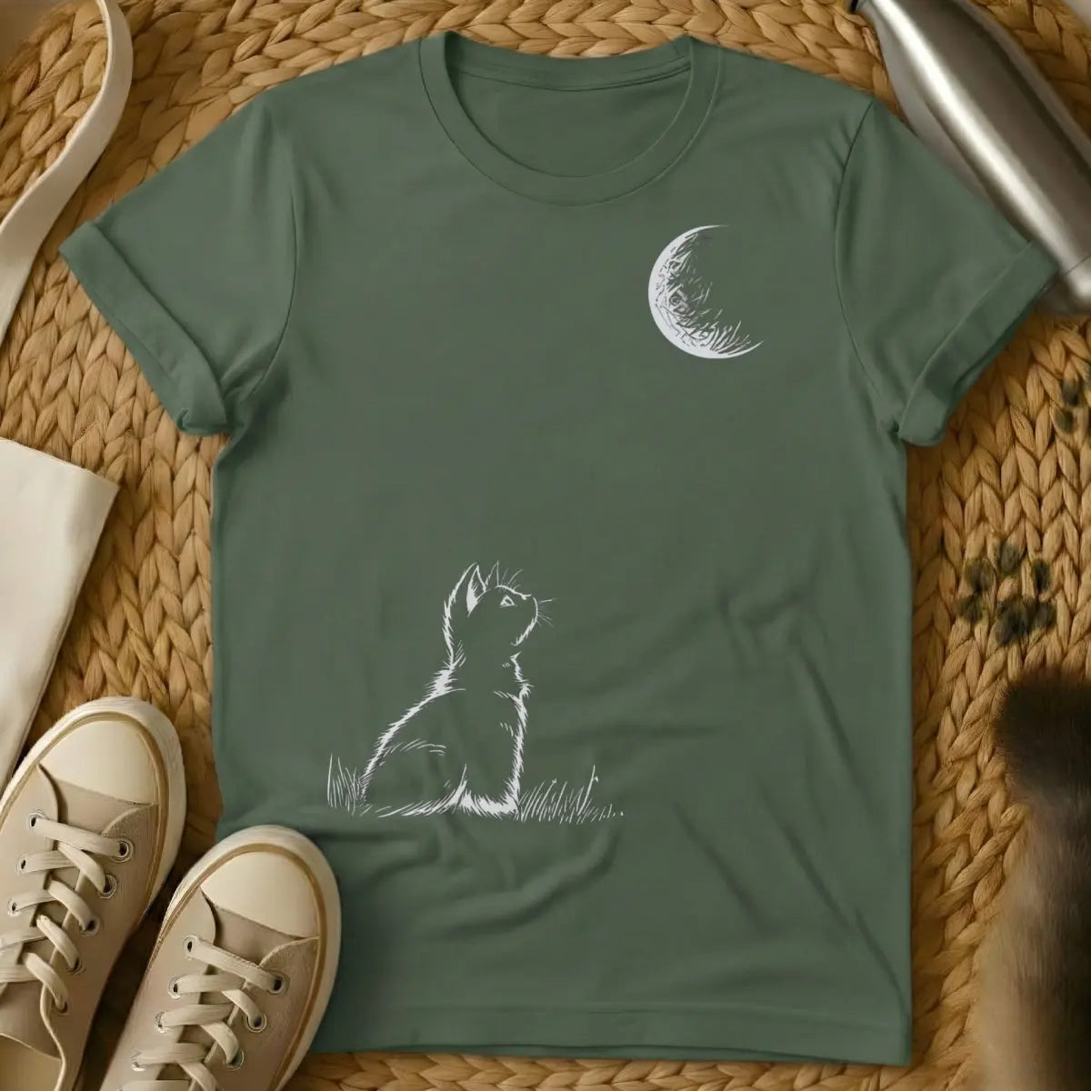 Celestial Cat Tee - Military Green T-Shirt - astrology pet, cosmic cat, galaxy feline