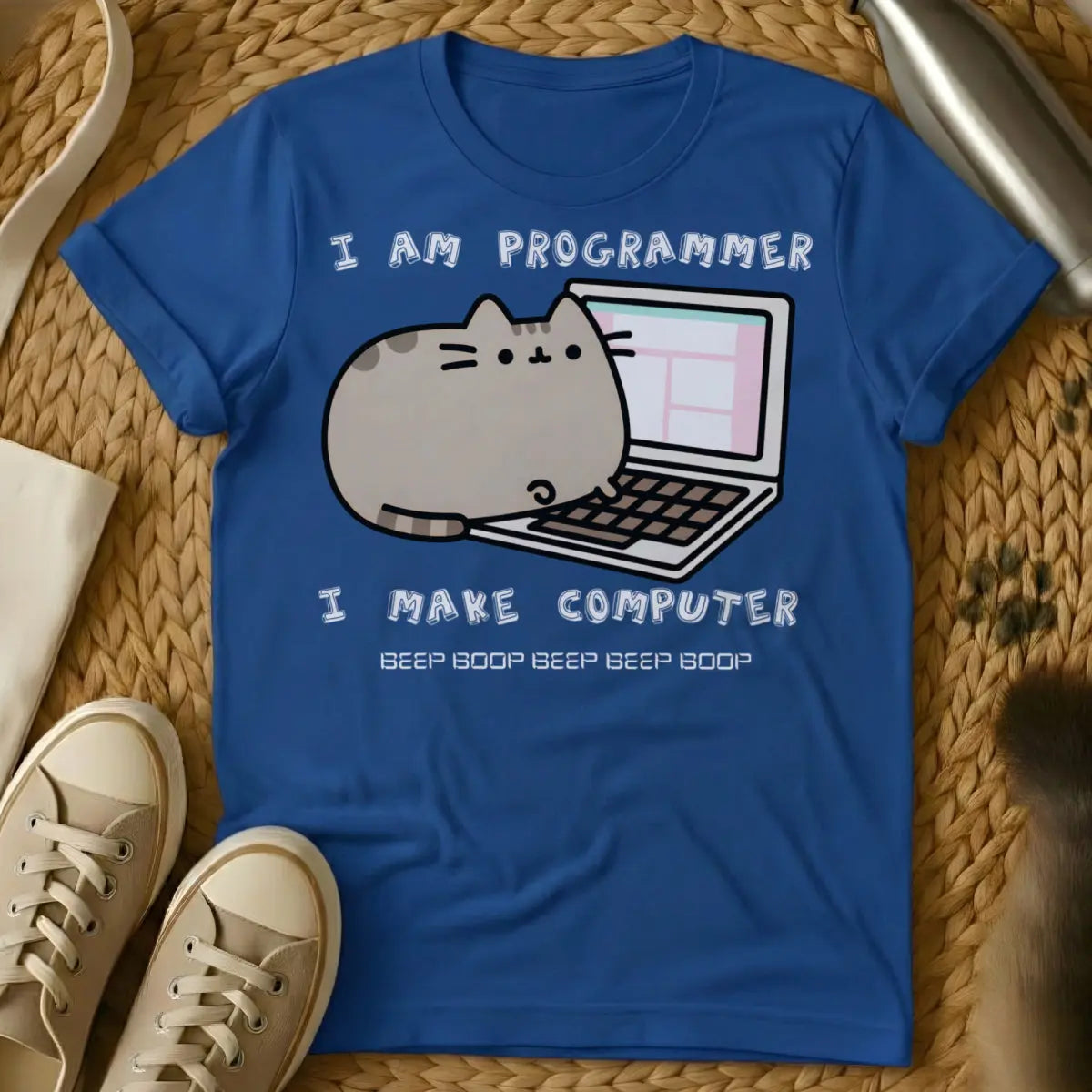 Funny Coding Cat Tee - Blue T-Shirt - code review joke, developer meme, git push main