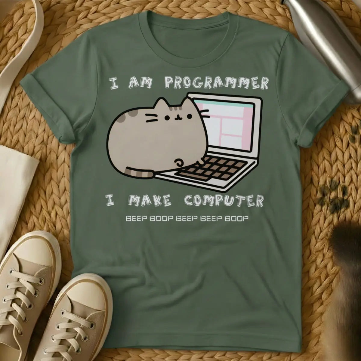 Funny Coding Cat Tee - Military Green T-Shirt - code review joke, developer meme, git push main