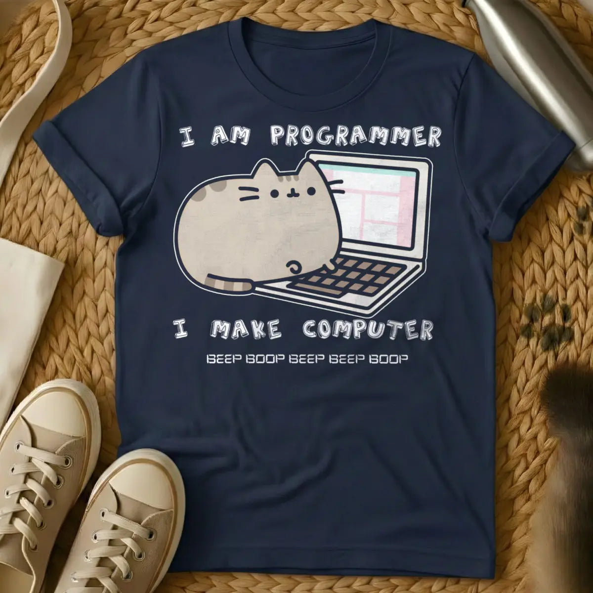 Funny Coding Cat Tee - Navy T-Shirt - code review joke, developer meme, git push main