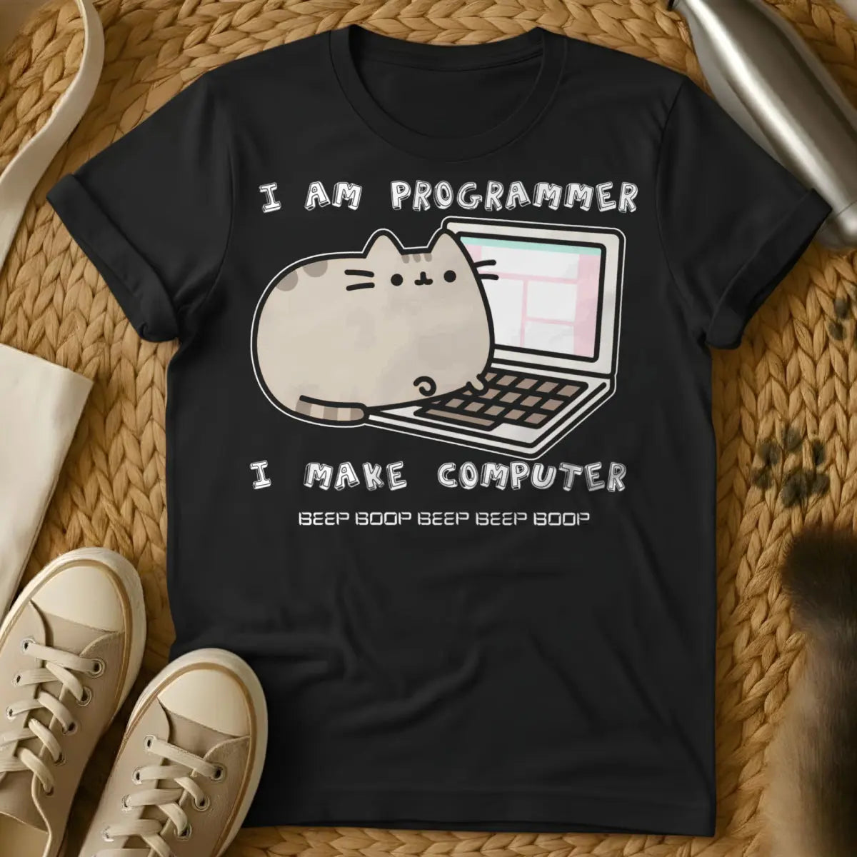 Funny Coding Cat Tee - Black T-Shirt - code review joke, developer meme, git push main