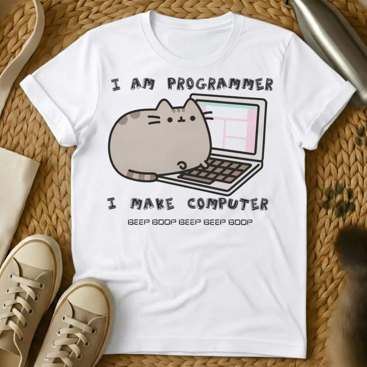 Funny Coding Cat Tee - White T-Shirt - code review joke, developer meme, git push main