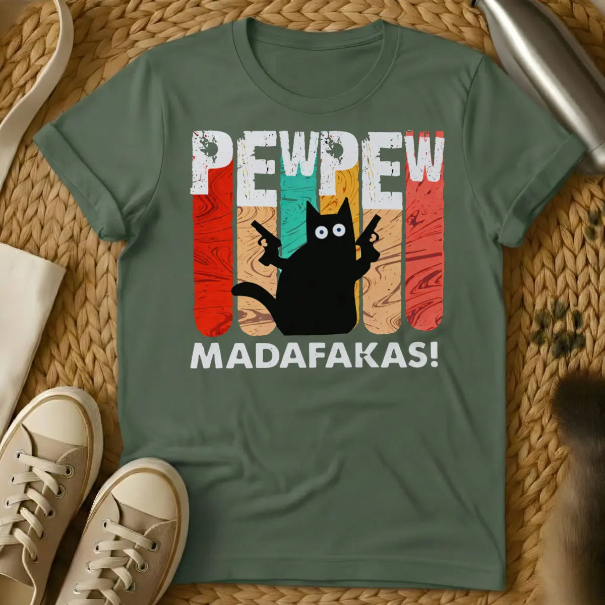 Pew Pew Cat Graphic Shirt - Military Green Cat T-Shirt
