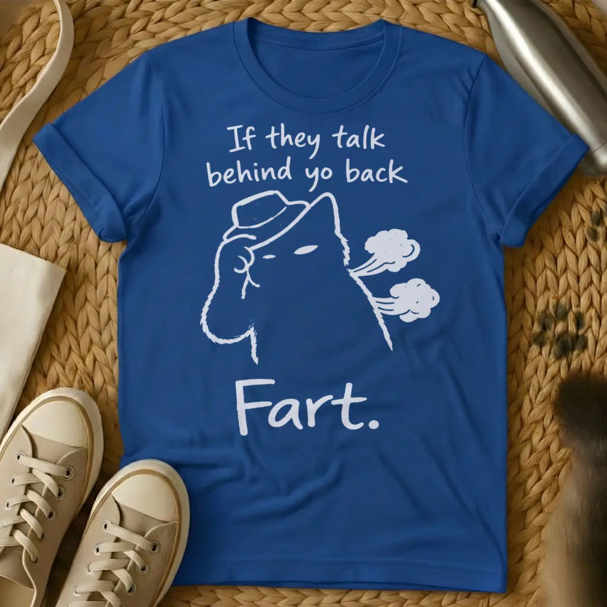 Farting Cat Shirt - Blue T-Shirt - animal flatulence humor, cat "dealt it" meme, feline gaslighting humor