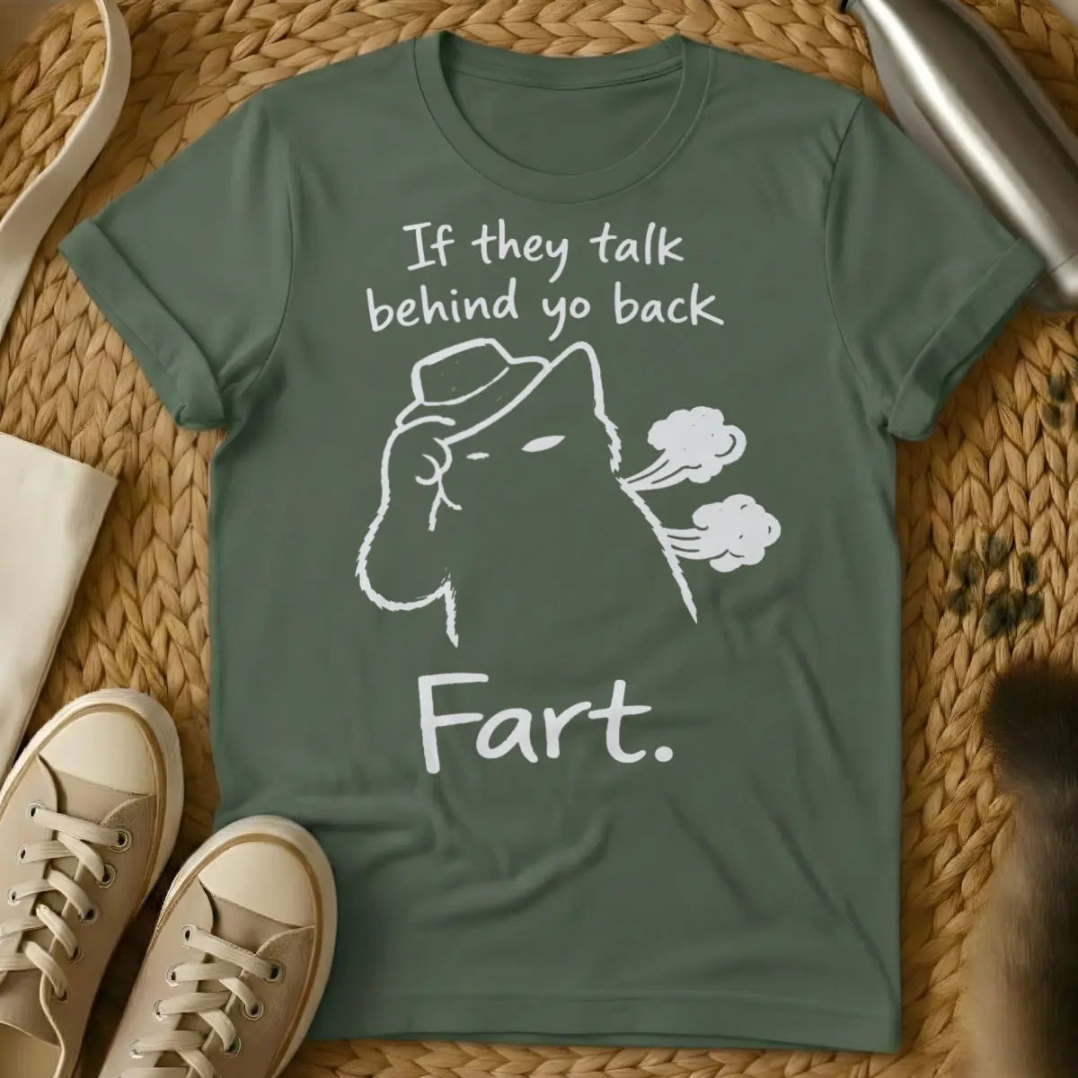 Farting Cat Shirt - Military Green T-Shirt - animal flatulence humor, cat "dealt it" meme, feline gaslighting humor