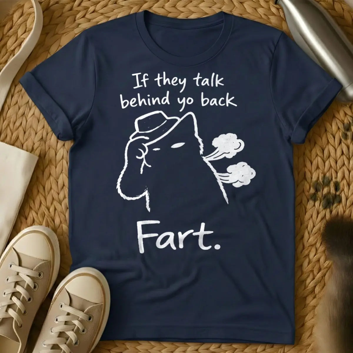 Farting Cat Shirt - Navy T-Shirt - animal flatulence humor, cat "dealt it" meme, feline gaslighting humor