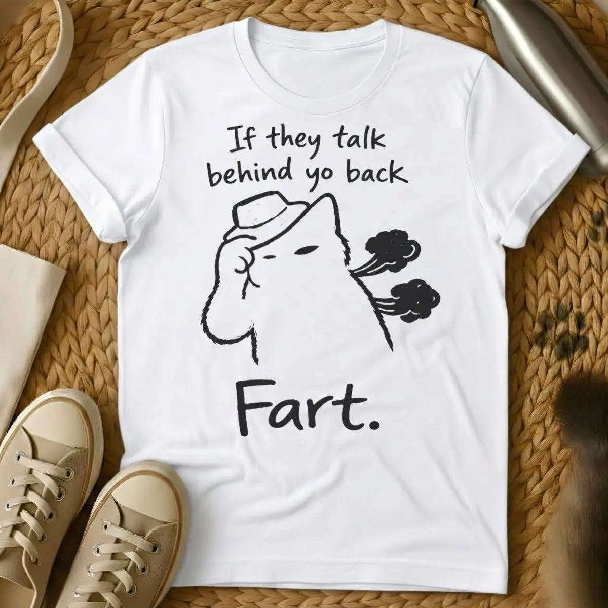 Farting Cat Shirt - White T-Shirt - animal flatulence humor, cat "dealt it" meme, feline gaslighting humor