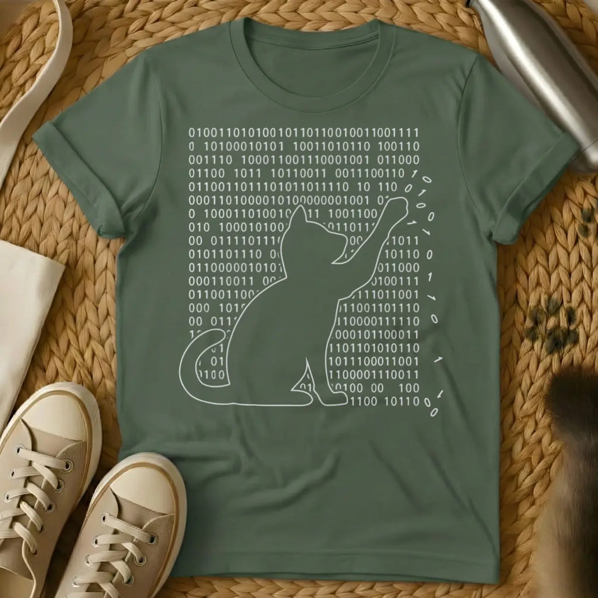 Binary Cat Shirt - Military Green T-Shirt - binary code graphic, coding logic meme, computer science geek gift