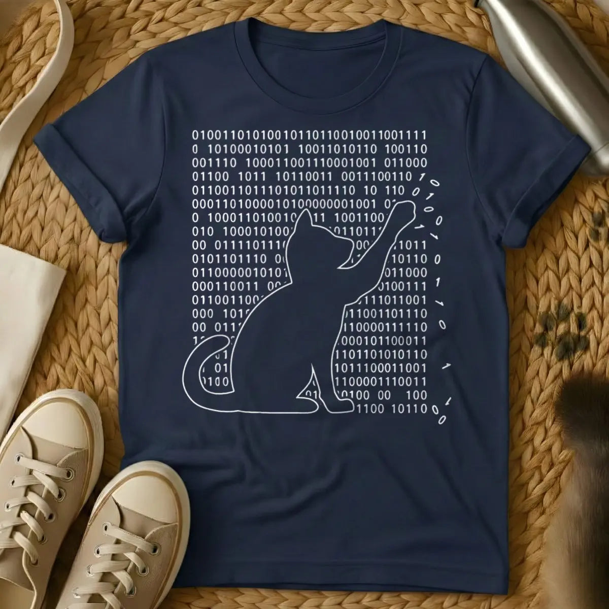 Binary Cat Shirt - Navy T-Shirt - binary code graphic, coding logic meme, computer science geek gift