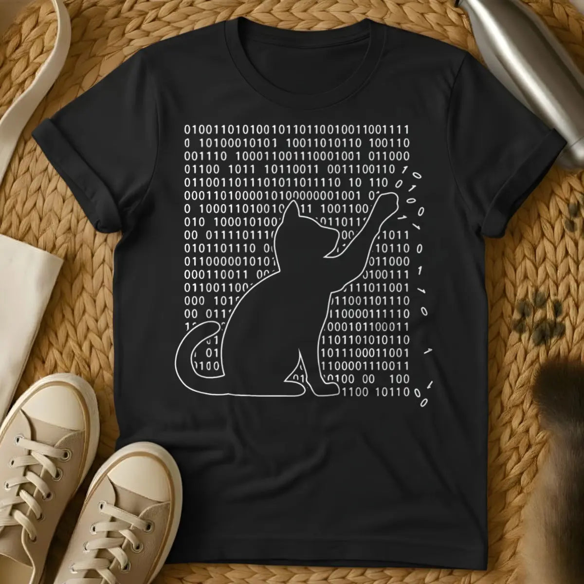Binary Cat Shirt - Black T-Shirt - binary code graphic, coding logic meme, computer science geek gift