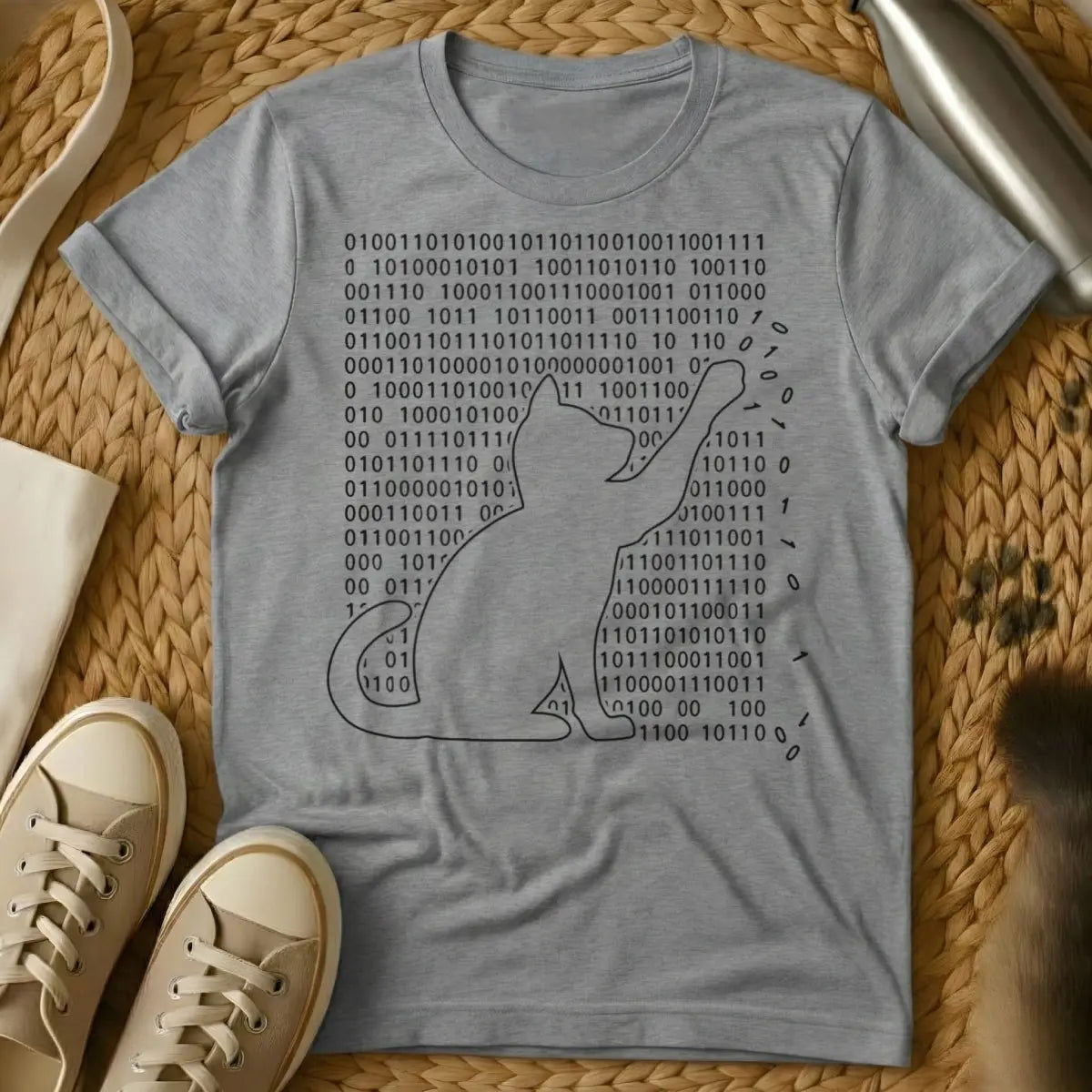 Binary Cat Shirt - Gray T-Shirt - binary code graphic, coding logic meme, computer science geek gift