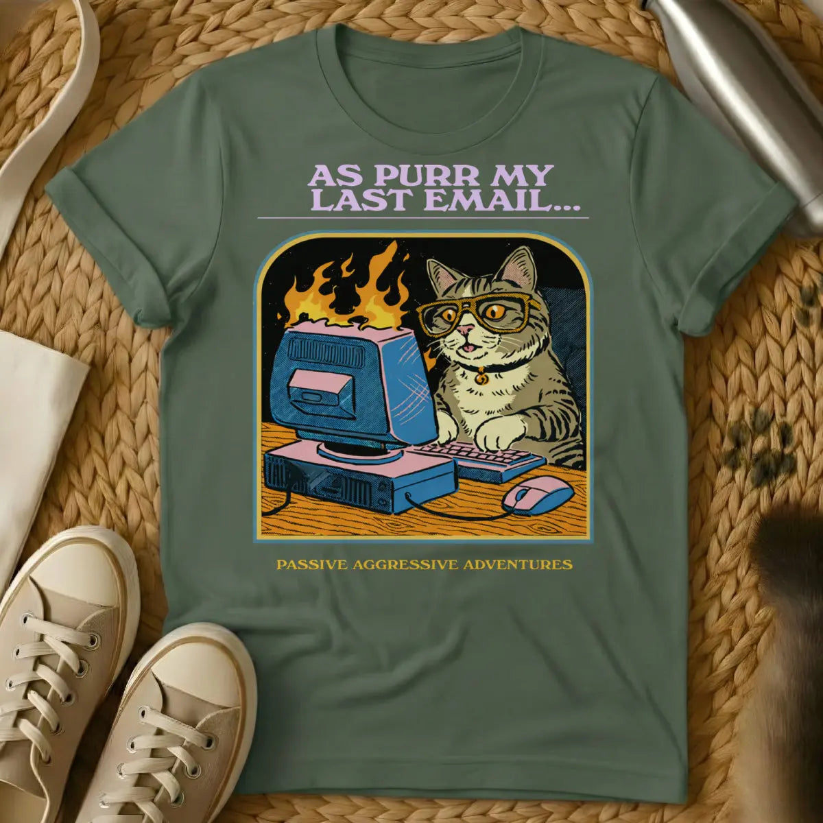 Workplace Humor Cat Shirt - Military Green Cat T-Shirt