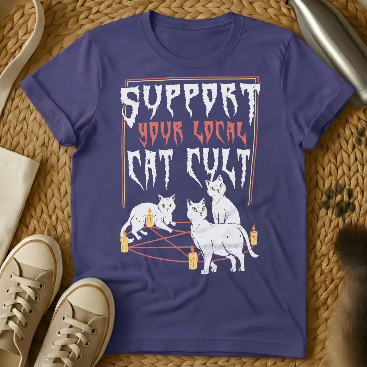 Funny Cat Cult Tee - Purple T-Shirt - dark humor cat, feline cult, occult cat