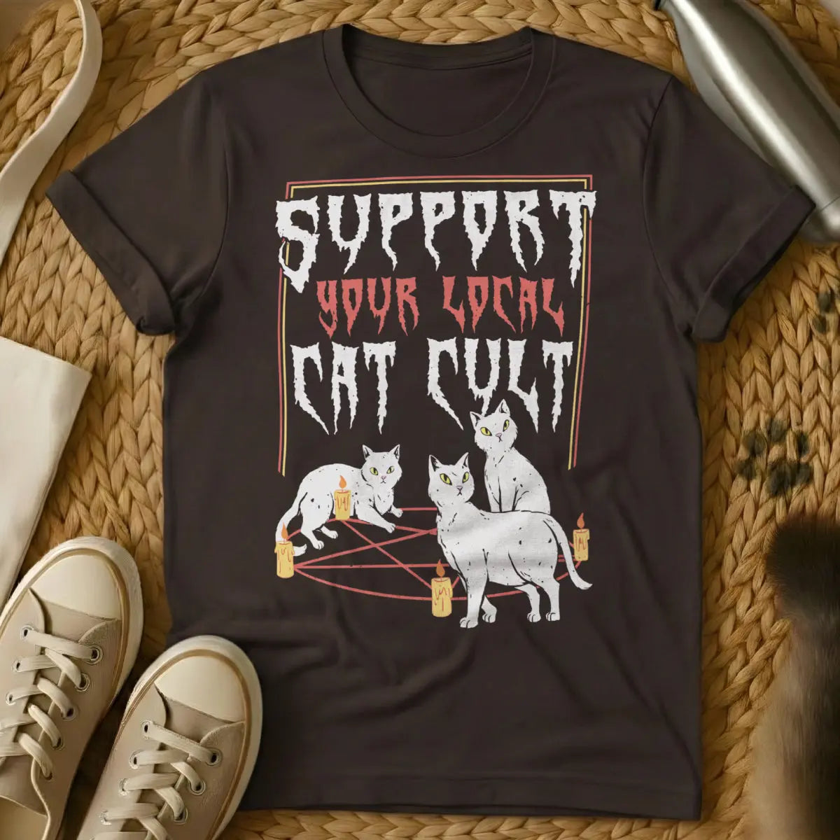 Funny Cat Cult Tee - Dark Chocolate T-Shirt - dark humor cat, feline cult, occult cat
