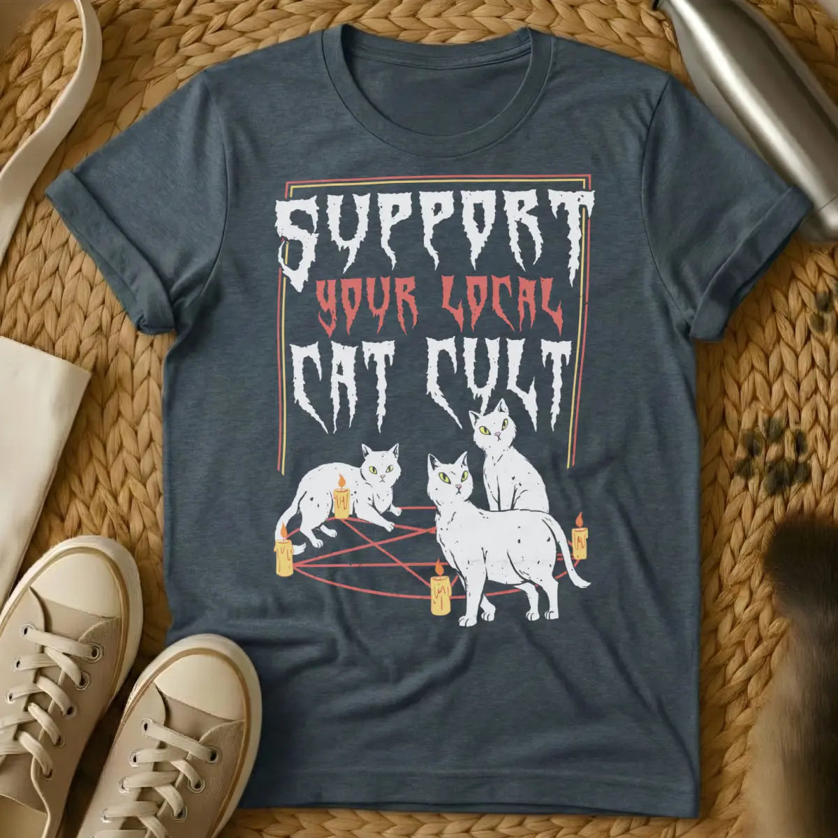Funny Cat Cult Tee - Dark Heather T-Shirt - dark humor cat, feline cult, occult cat