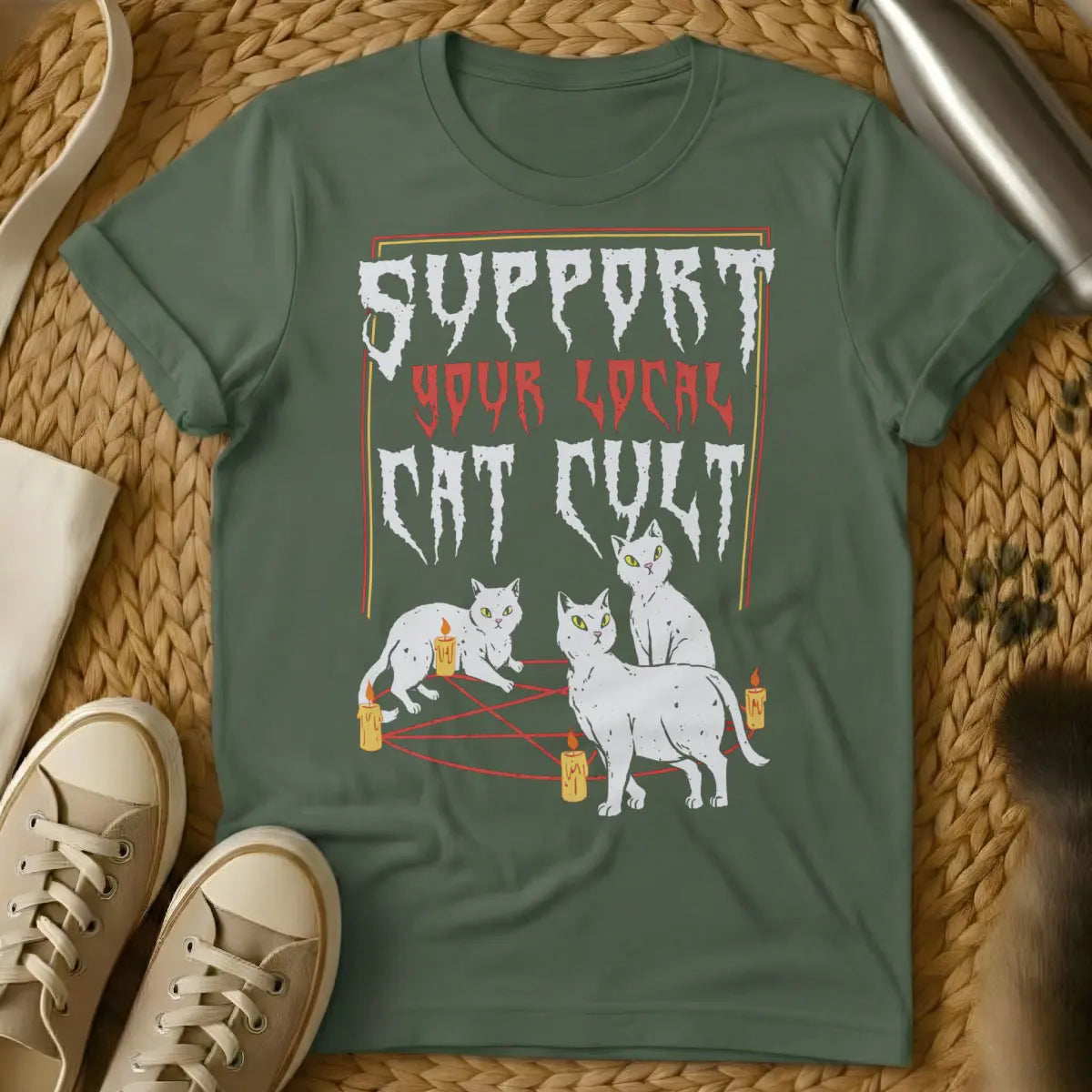 Funny Cat Cult Tee - Military Green T-Shirt - dark humor cat, feline cult, occult cat