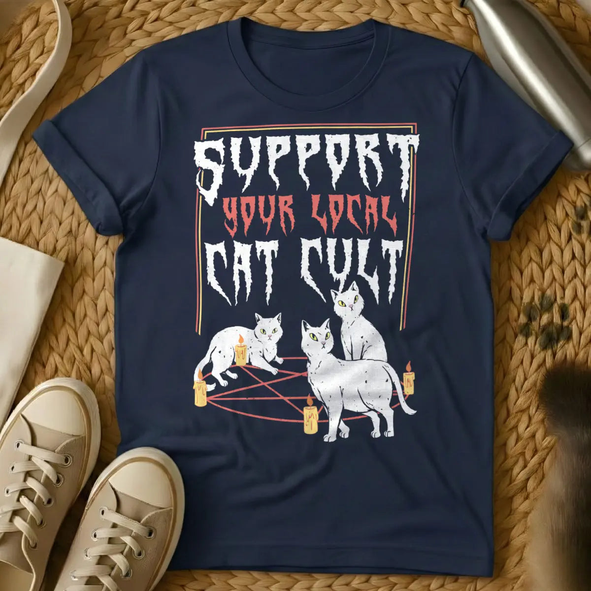 Funny Cat Cult Tee - Navy T-Shirt - dark humor cat, feline cult, occult cat