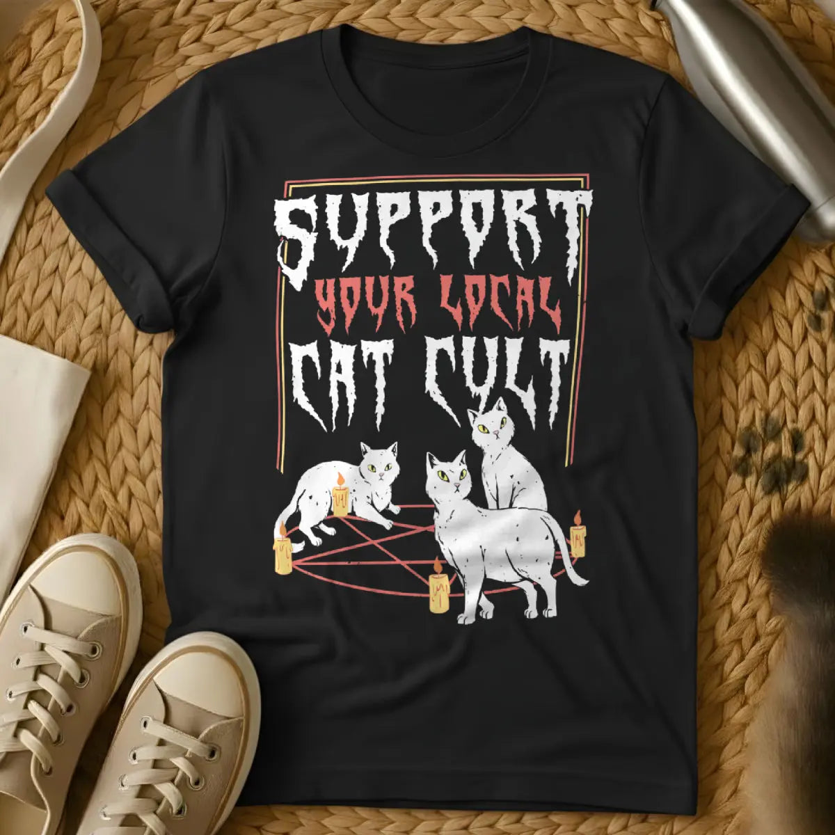 Funny Cat Cult Tee - Black T-Shirt - dark humor cat, feline cult, occult cat