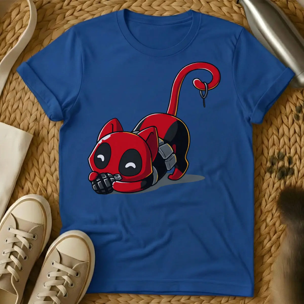 Deadpool Cat Shirt - Blue T-Shirt - antihero pet art, comic book parody, fourth wall break