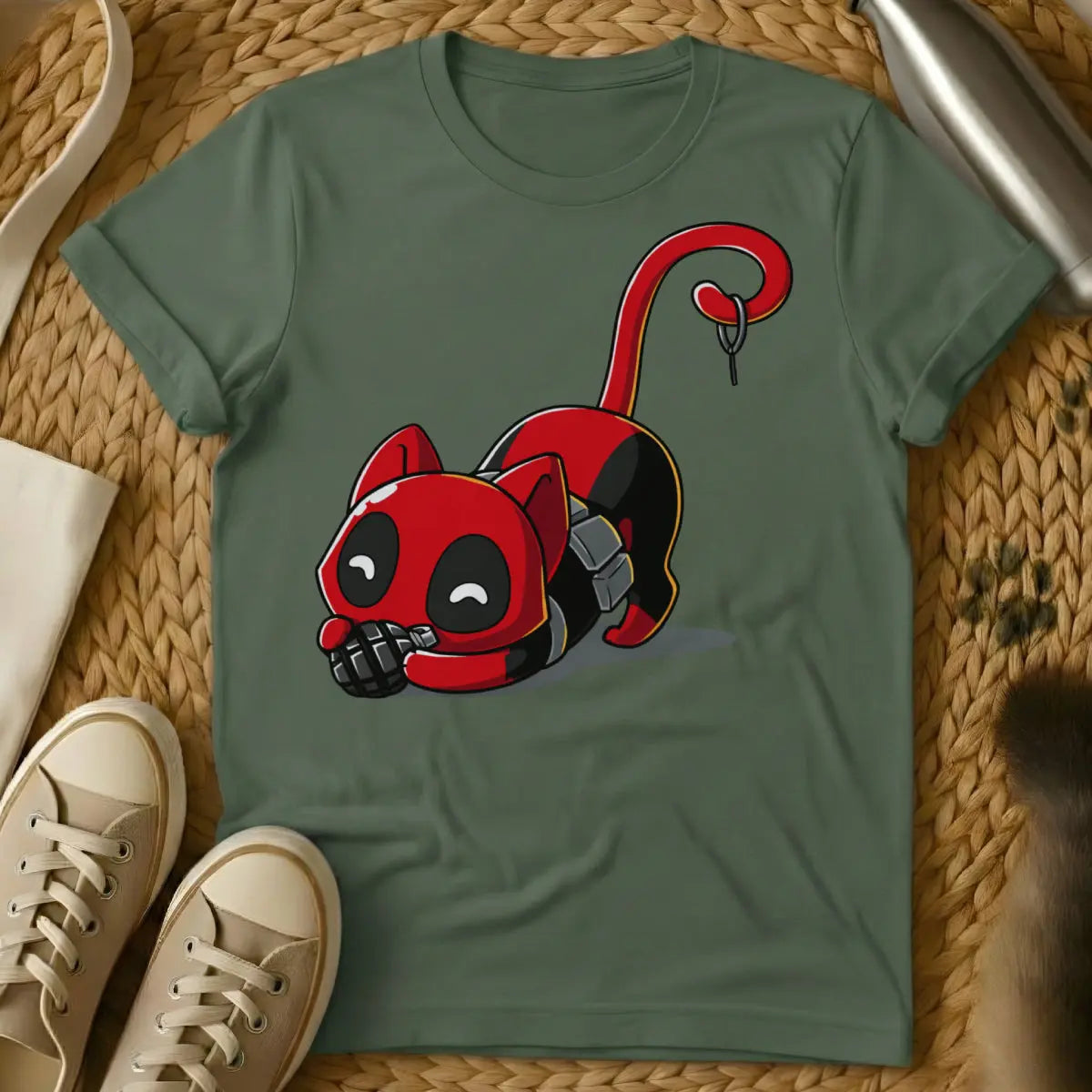 Deadpool Cat Shirt - Military Green T-Shirt - antihero pet art, comic book parody, fourth wall break