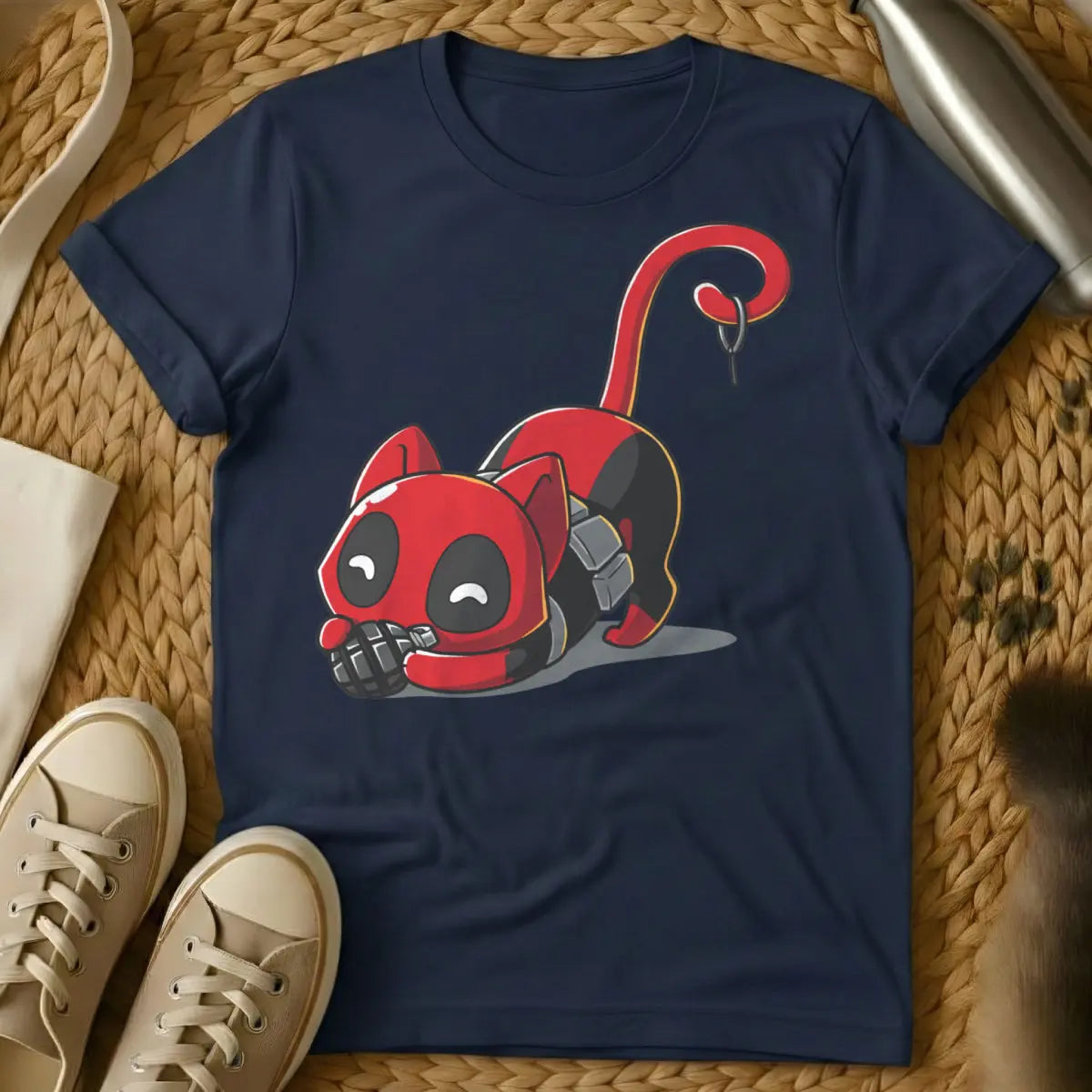Deadpool Cat Shirt - Navy T-Shirt - antihero pet art, comic book parody, fourth wall break