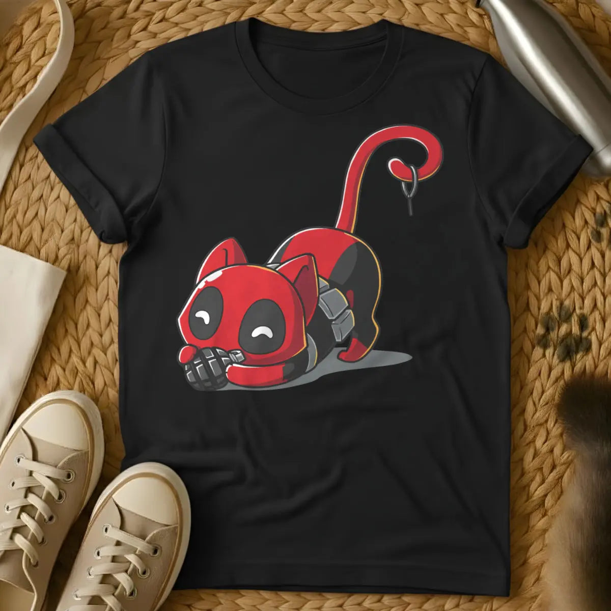 Deadpool Cat Shirt - Black T-Shirt - antihero pet art, comic book parody, fourth wall break