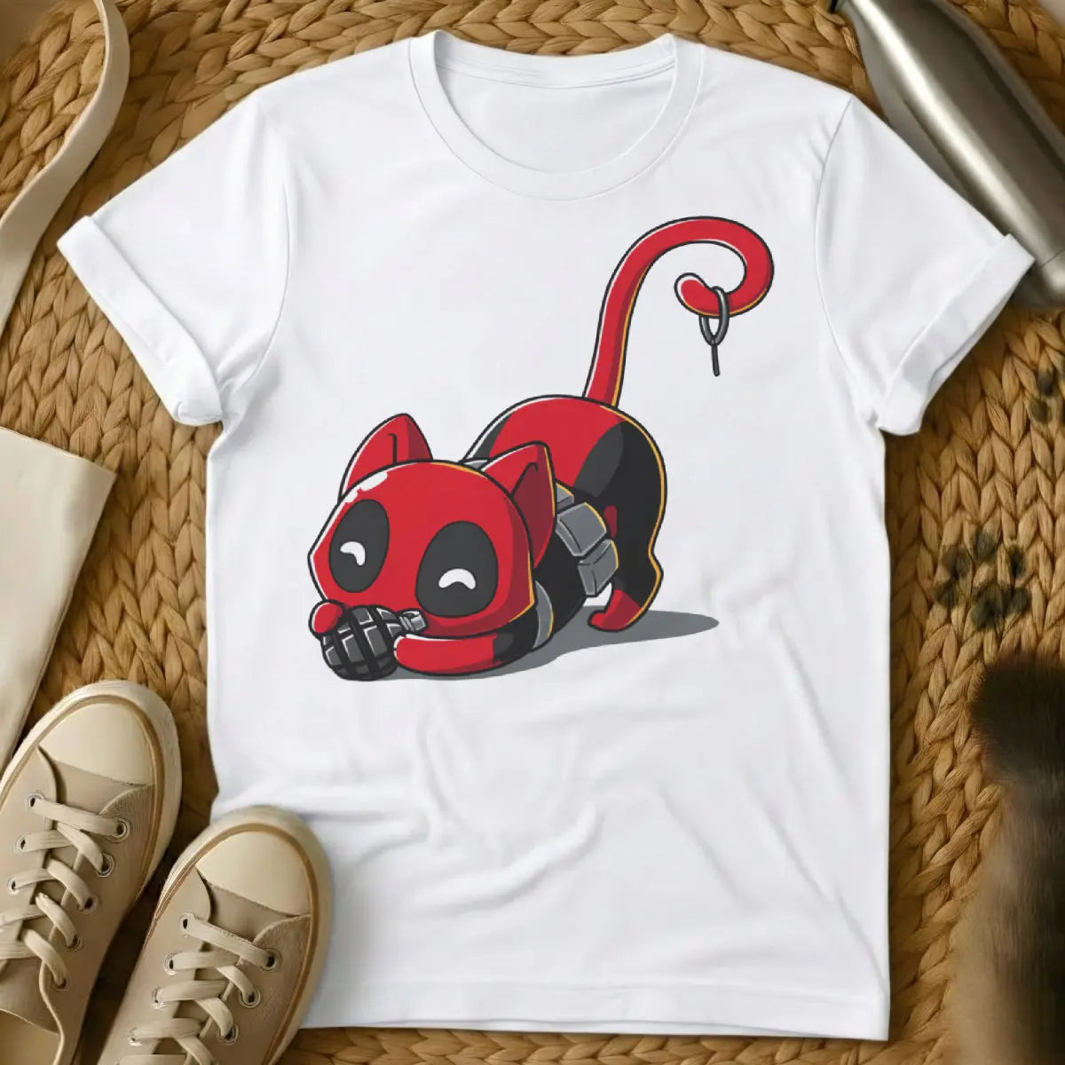 Deadpool Cat Shirt - White T-Shirt - antihero pet art, comic book parody, fourth wall break