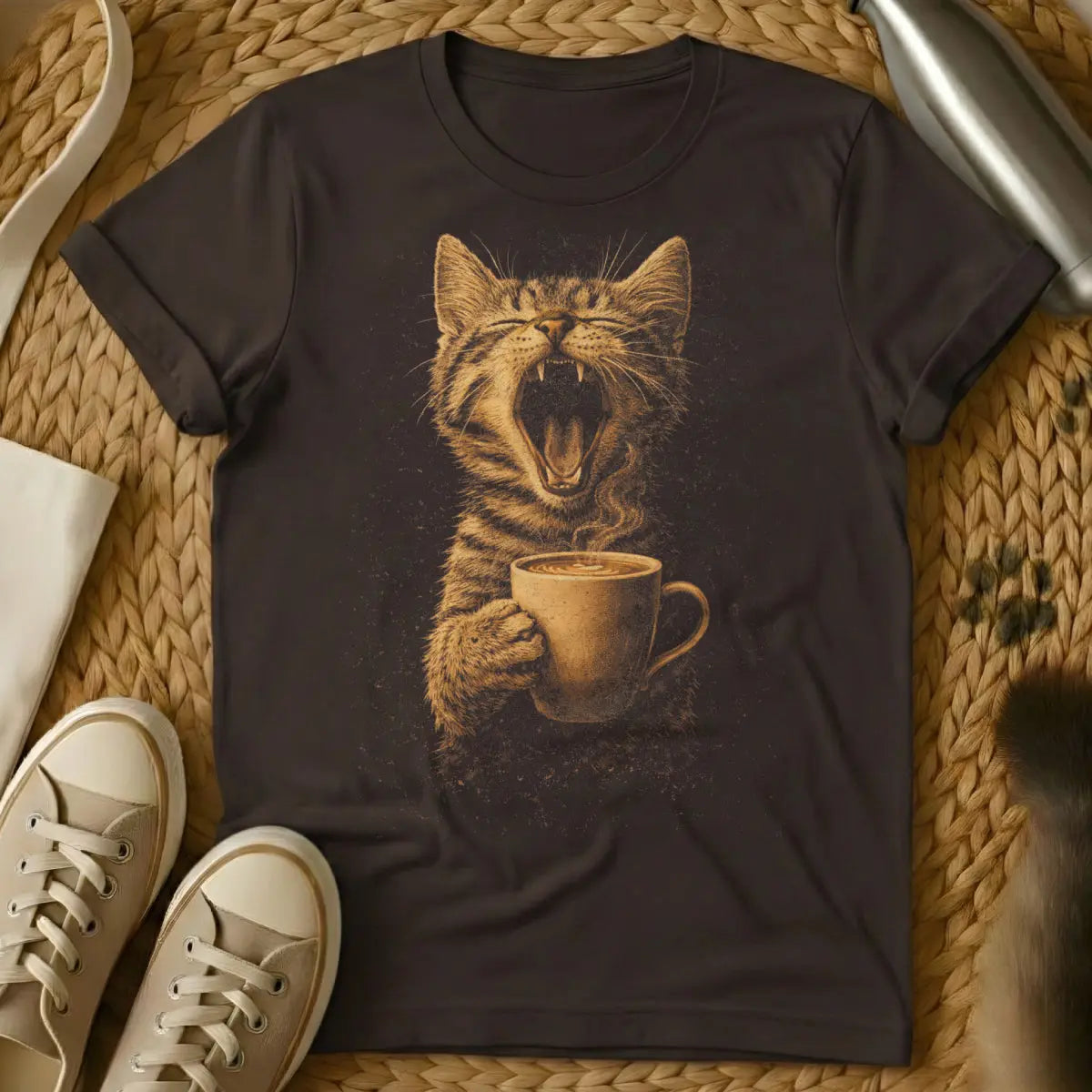 Yawning Coffee Cat Shirt - Dark Chocolate Cat T-Shirt