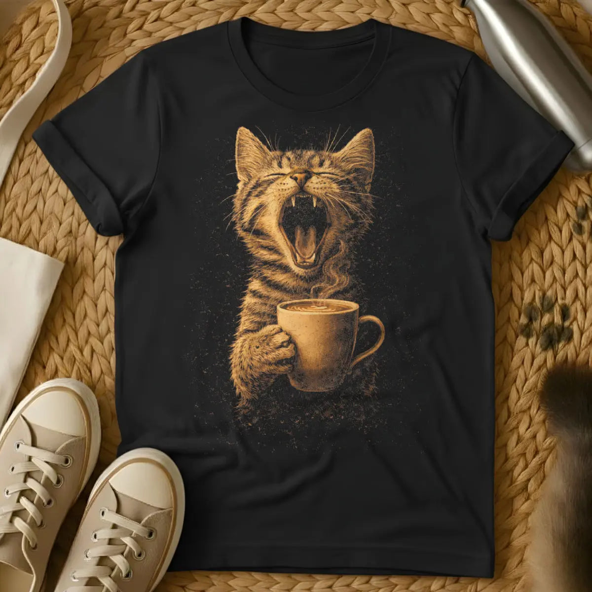 Yawning Coffee Cat Shirt - Black Cat T-Shirt