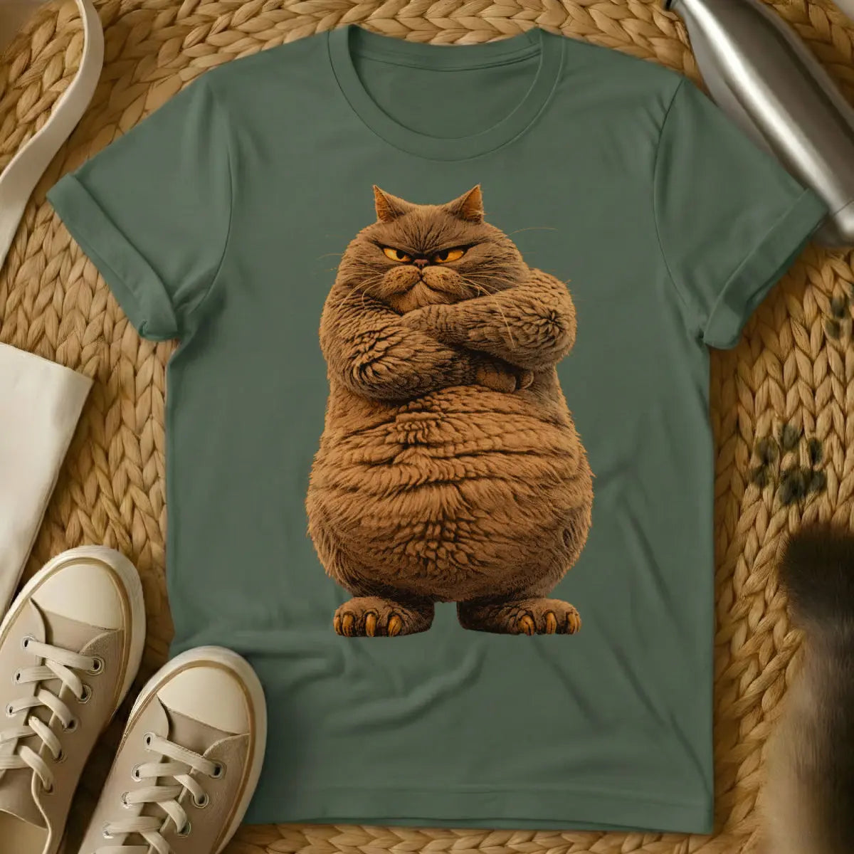 Funny Tough Cat Tee - Military Green Cat T-Shirt