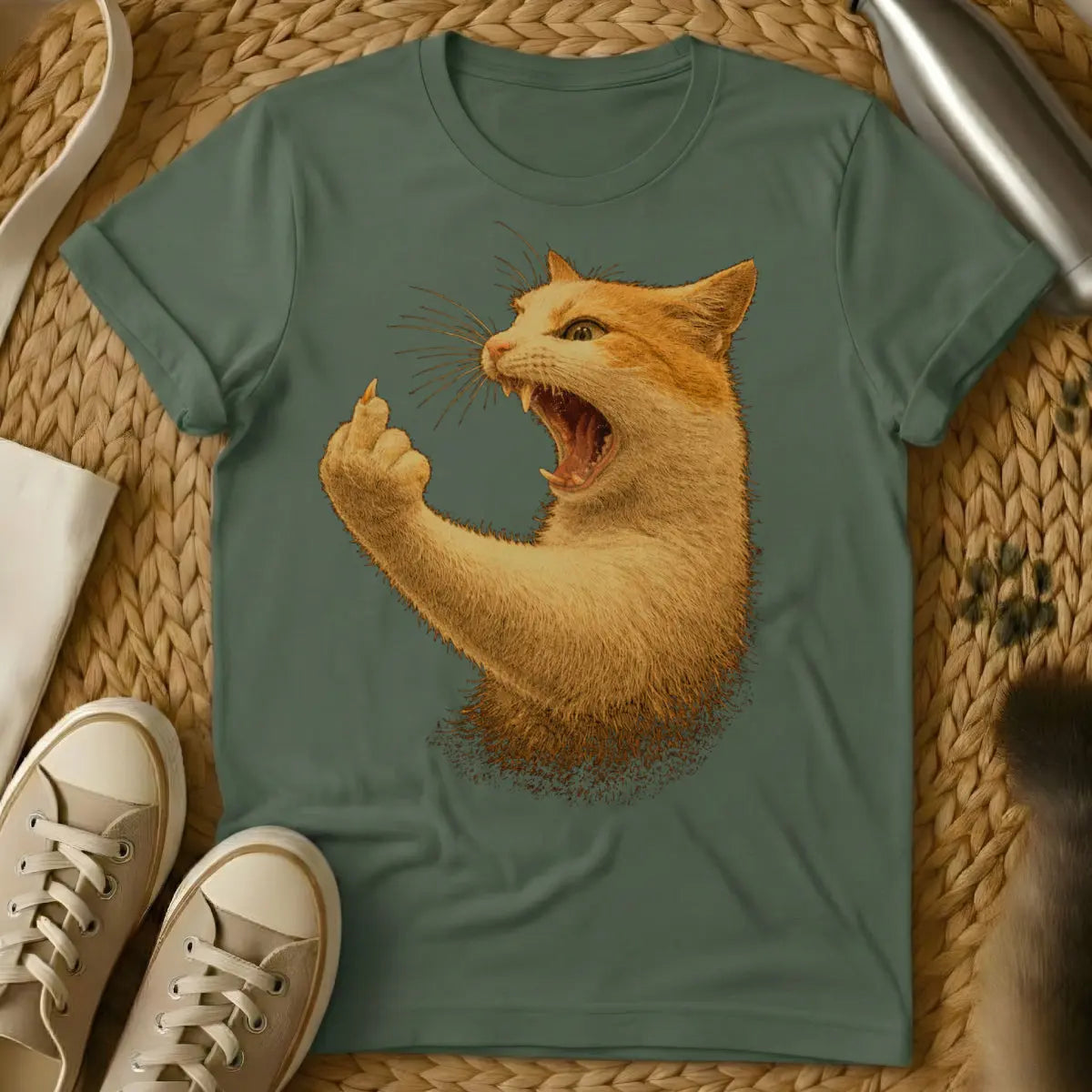 Rude Cat Middle Claw Shirt - Military Green Cat T-Shirt