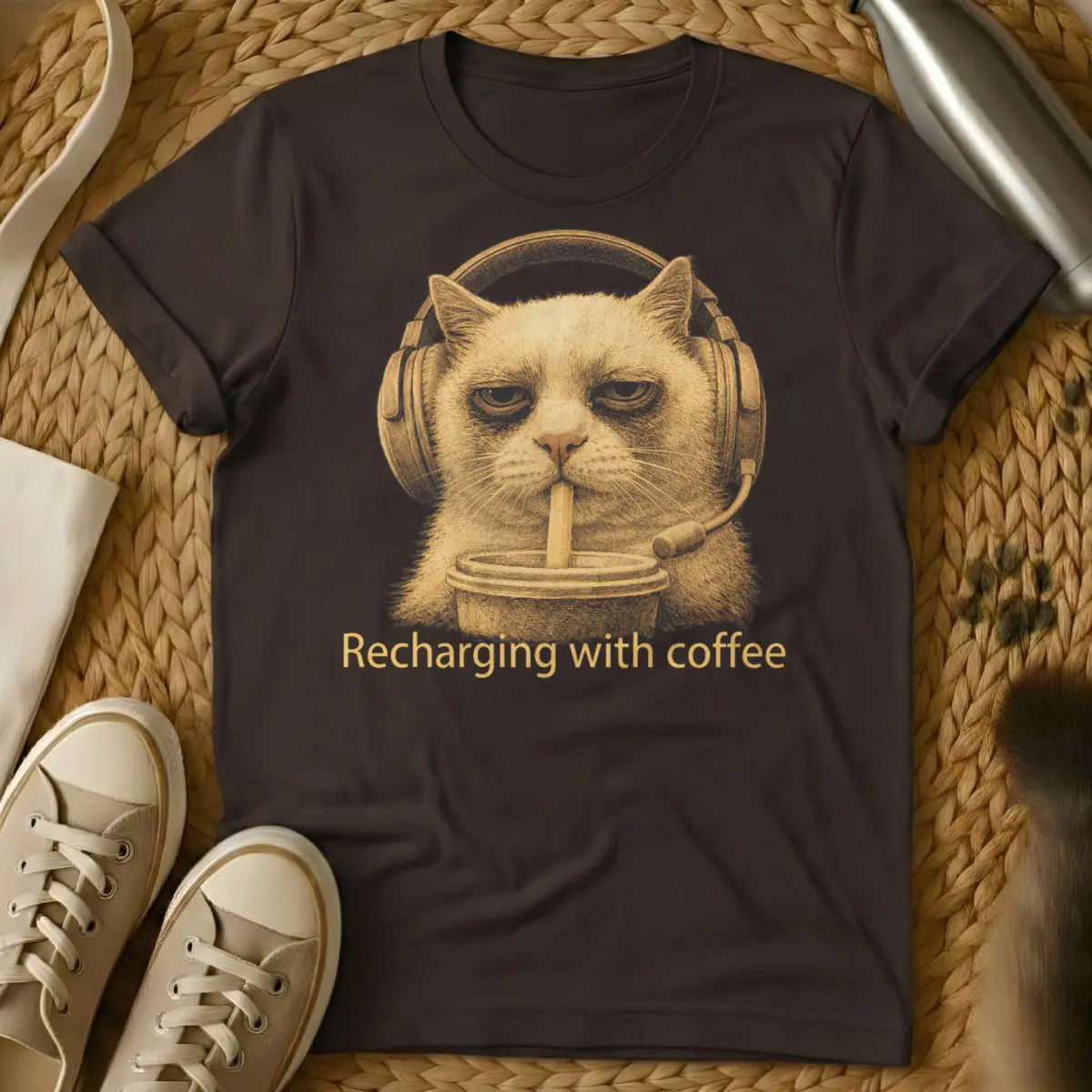 Funny Gamer Cat Tee - Dark Chocolate T-Shirt - afk cat, controller obstructor, gaming lap warmer