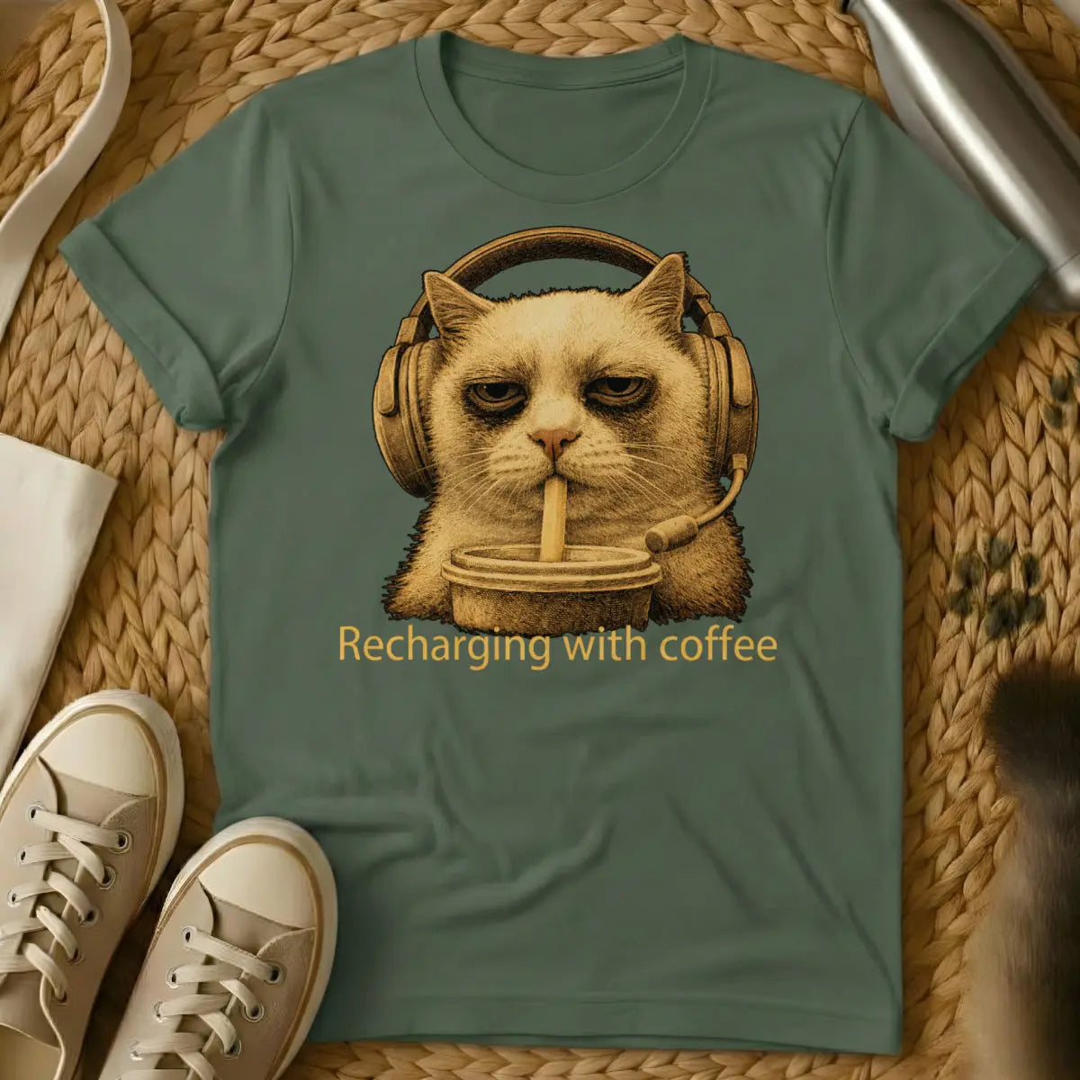 Funny Gamer Cat Tee - Military Green T-Shirt - afk cat, controller obstructor, gaming lap warmer