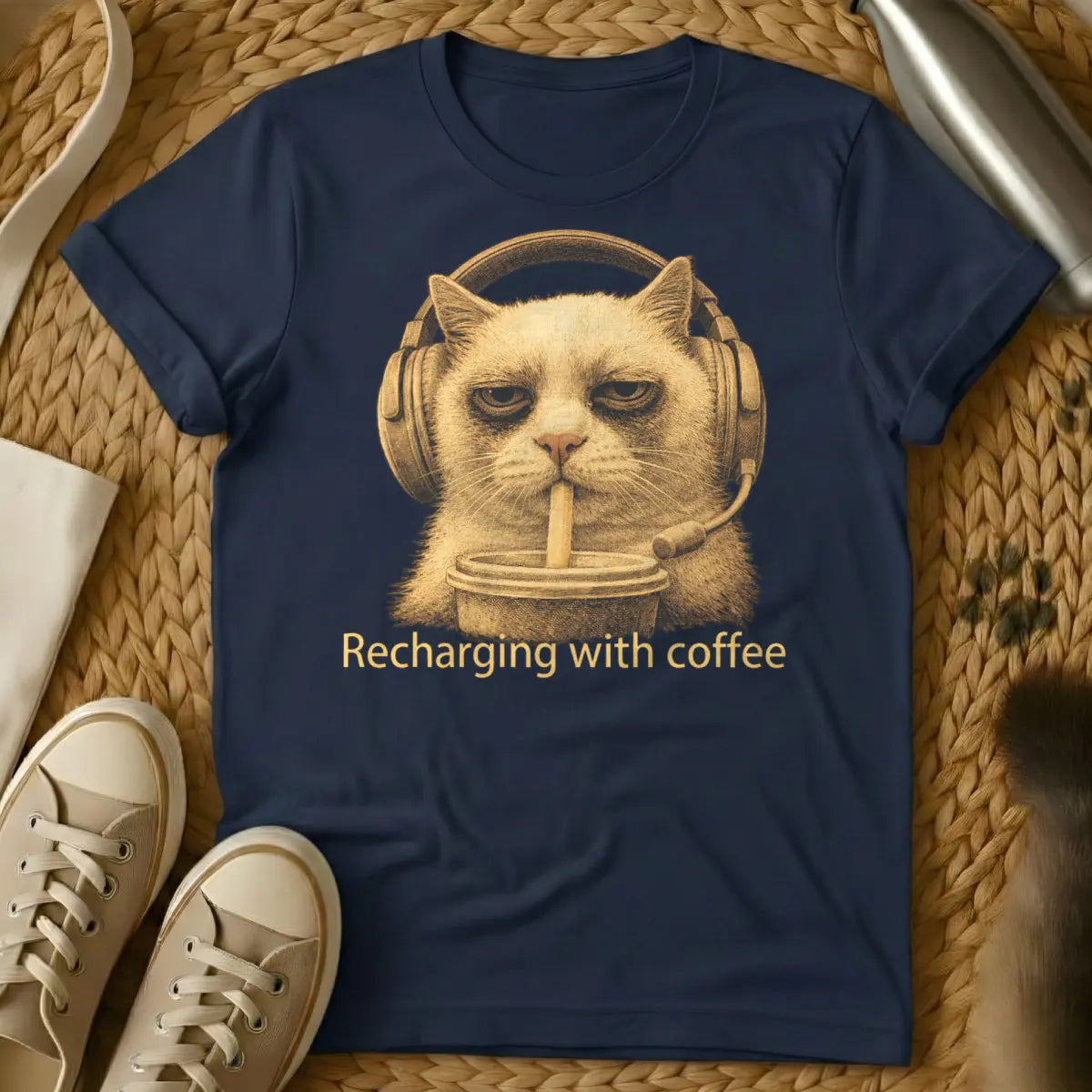 Funny Gamer Cat Tee - Navy T-Shirt - afk cat, controller obstructor, gaming lap warmer